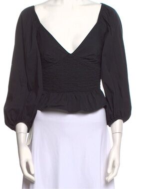 STAUD Black Smocked V-Neck Peplum Blouse